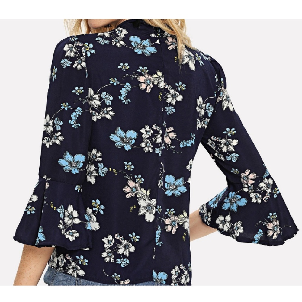 Navy Blue Floral Blouse Large Bell Sleeves - Picture 2 of 6